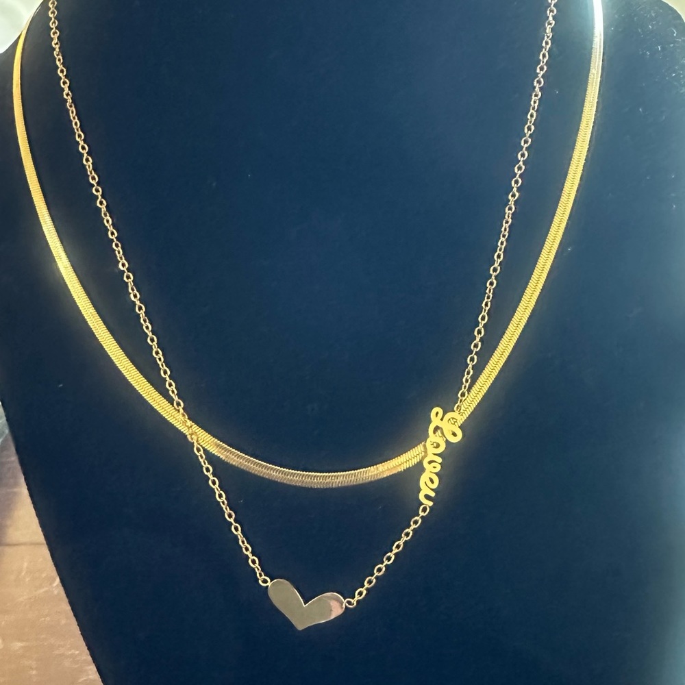 Gold multi chain heart love u necklace